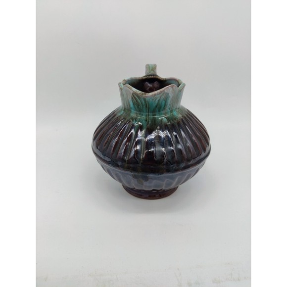 Vintage Pitcher Pottery Small Ribbed Scalloped Dainty Two Tone Teal Brown Handle - Picture 4 of 10